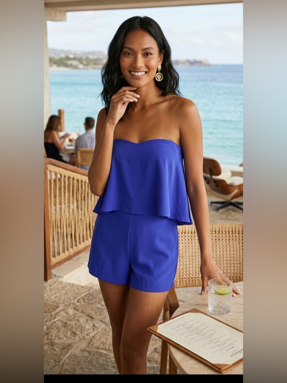 Amanda Uprichard Royal Blue Strapless Solid Crepe Romper One-Piece Women S